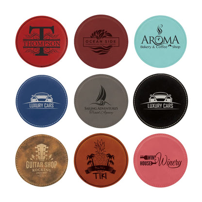 Custom Engraved Coasters | Personalized Leather Coaster | Set of 6 | Drink Coasters with Holder | Laser Engraved | Tabletop Protection | Gift for Couples (Round 4", Dark Brown w/Black) - WoodArtSupply