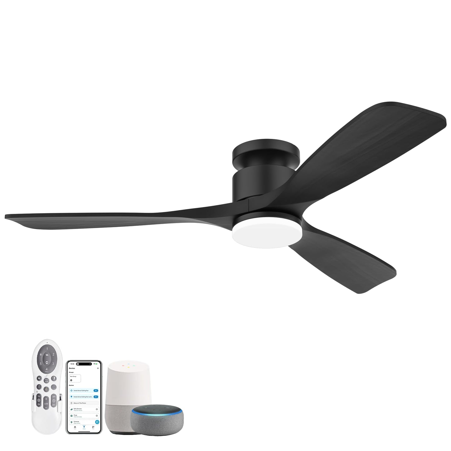 52 Inch Smart Low Profile Ceiling Fan,Solid Wood Ceiling Fan with Lights Remote,Outdoor Indoor Flush Mount,WIFI Alexa App Control,Quiet DC Motor,Dimmable,Modern Ceiling Fan for Bedroom Patio,Black