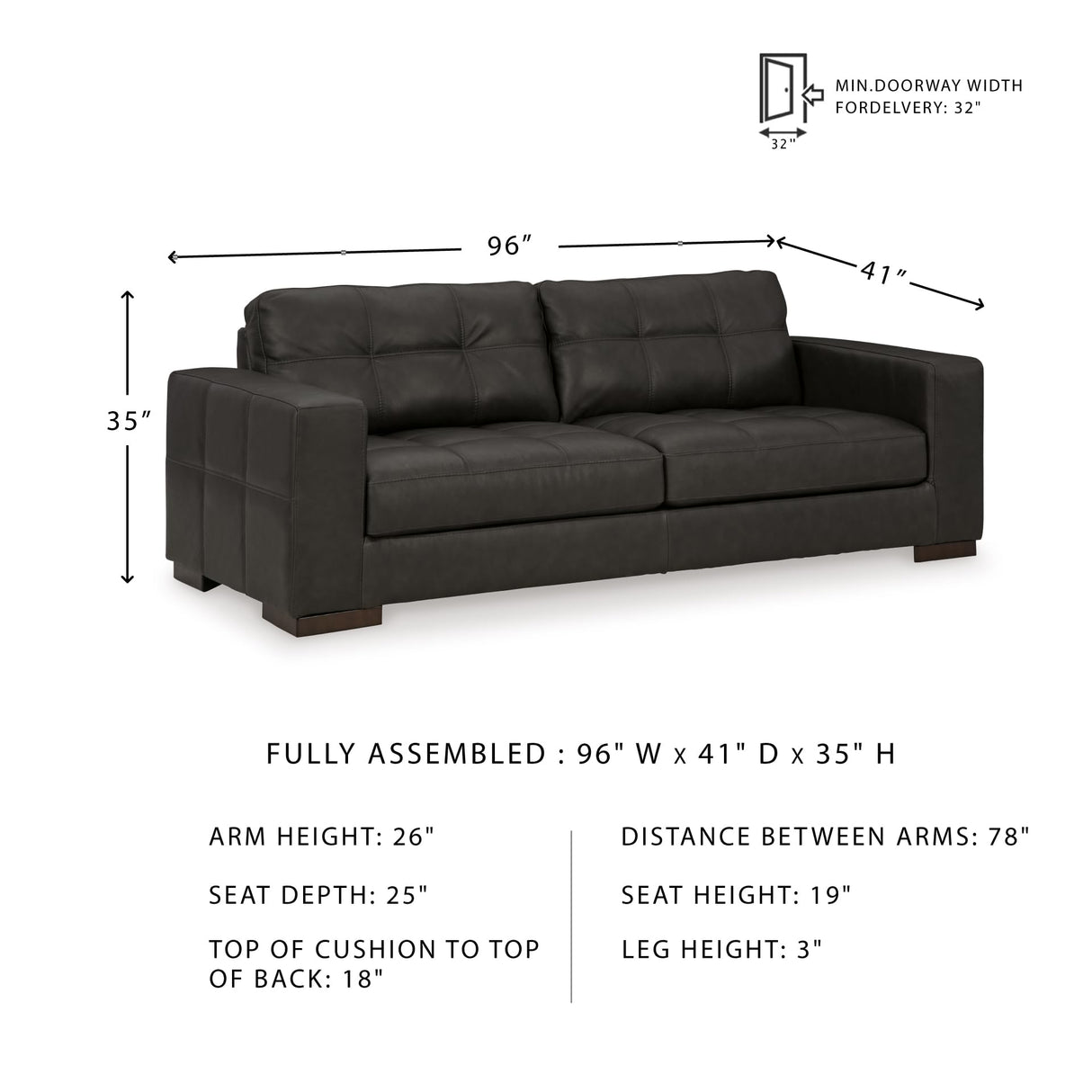 Signature Design by Ashley Luigi Modern Tufted Leather Match Sofa, Black Signature Design by Ashley