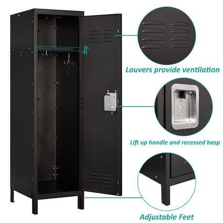 SISESOL Vintage Metal Locker,Storage Locker,Retro Black Single Locker with Hooks for Employees,Steel Locker for Home, Office,Gym,Old School Lockers Storage SISESOL