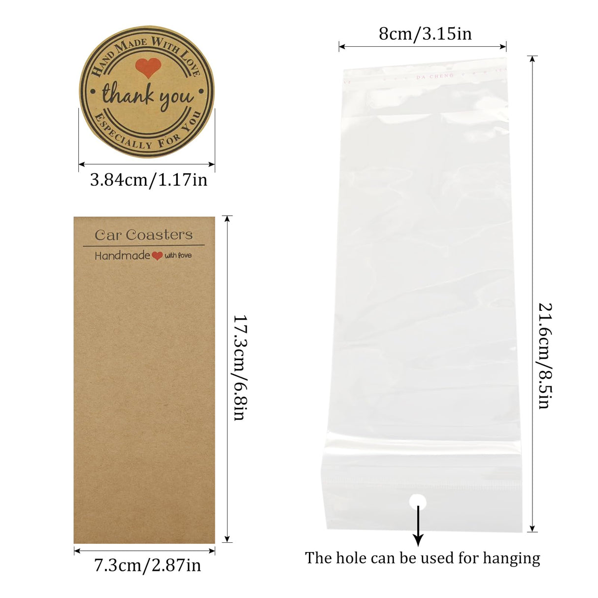 NANSHINE Car Coaster Packaging for Selling,100Pcs Car Coasters Cards with 100Pcs Self-Seal Bags 108Pcs Thank You Stickers,Car Coasters Cards for Selling, Coasters Display Cards (Brown) NANSHINE