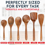 Teak Wooden Utensil Set 6-Piece - Smooth Finish Bamboo Wooden Spoons for Cooking Comfortable Grip, Non Scratch Premium Teak Wood Kitchen Utensils Set Culinary Couture