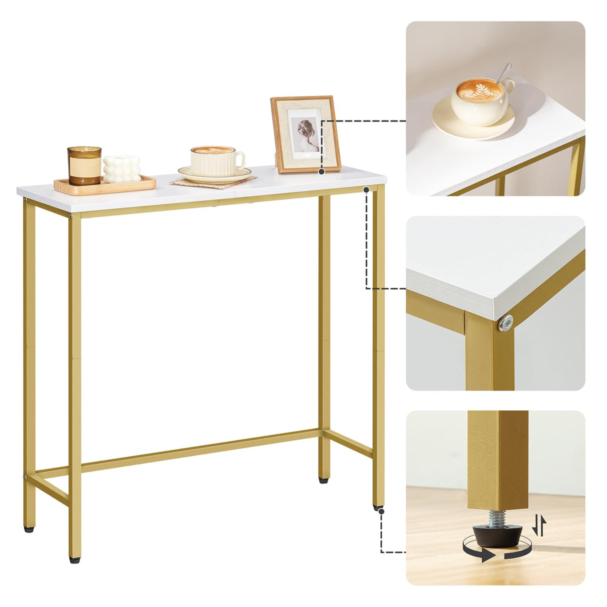 HOOBRO Narrow Console Table, 29.5" Small Entryway Table, Thin Sofa Table, Side Table, Display Table, for Hallway, Bedroom, Living Room, Foyer, White and Gold DW75XG01 HOOBRO