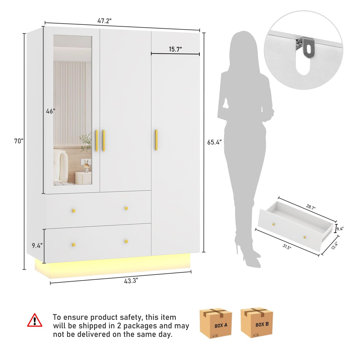 3 Doors Armoire Wardrobe Closet with Mirror, LED Armoire with Doors and Drawers, Wooden Armoire Storage Cabinet with Hanging Rod, Adjustable Shelves, White