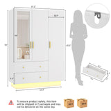 3 Doors Armoire Wardrobe Closet with Mirror, LED Armoire with Doors and Drawers, Wooden Armoire Storage Cabinet with Hanging Rod, Adjustable Shelves, White chartustriable