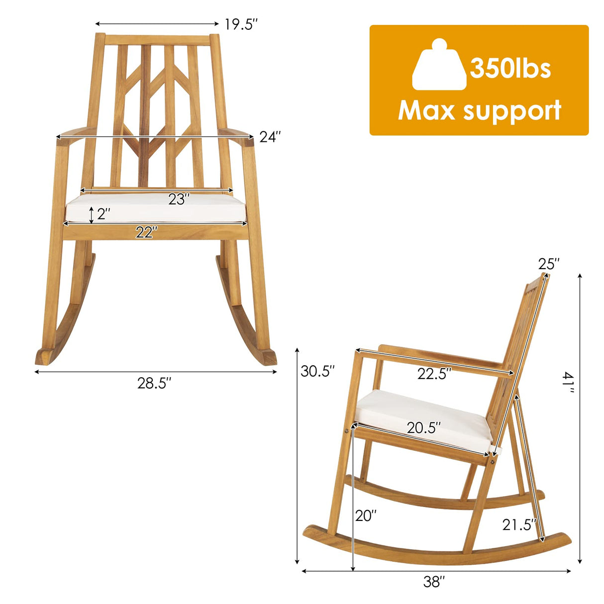 Tangkula Acacia Wood Patio Rocking Chair, Outdoor Porch Rocker W/Removable High-Density Cushion, All-Weather Resistance, Balanced Rocking Base, Perfect for Garden, Backyard, Poolside (1, White) Tangkula
