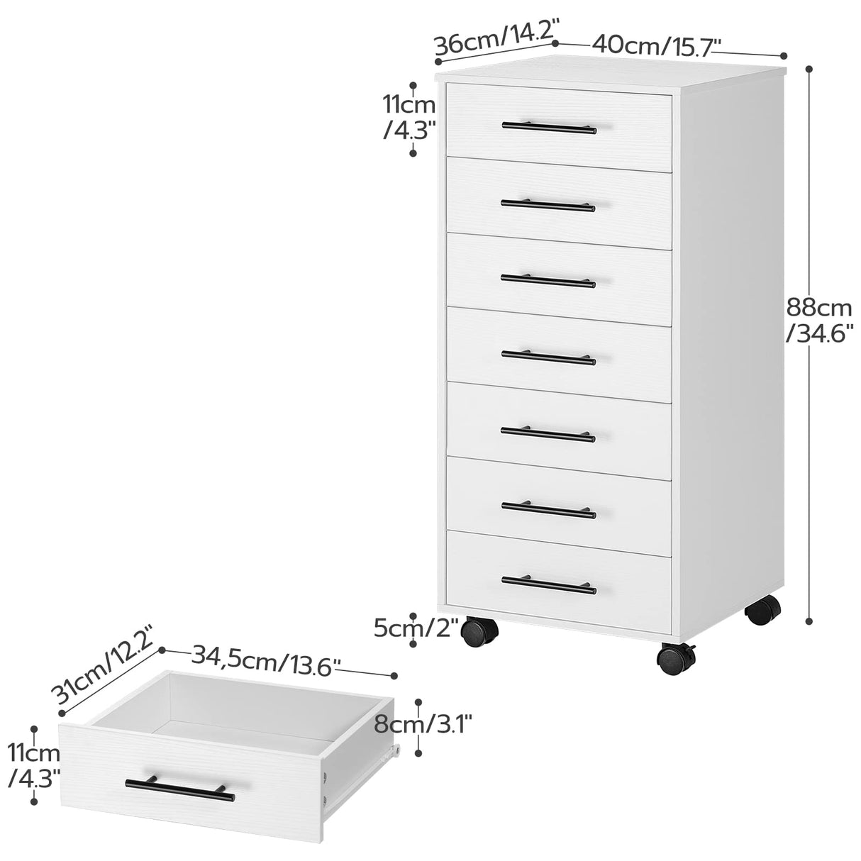 HOOBRO 7-Drawer Chest, File Cabinet, Wooden File Cabinet, Office Cabinet with Drawers, Storage Cabinet, for Home Office, Study, Easy Assembly, White WT07WJ01 HOOBRO