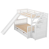 SOFTSEA Twin Over Full Bunk Bed with Storage Stairs, Slide, and Drawers in White SOFTSEA