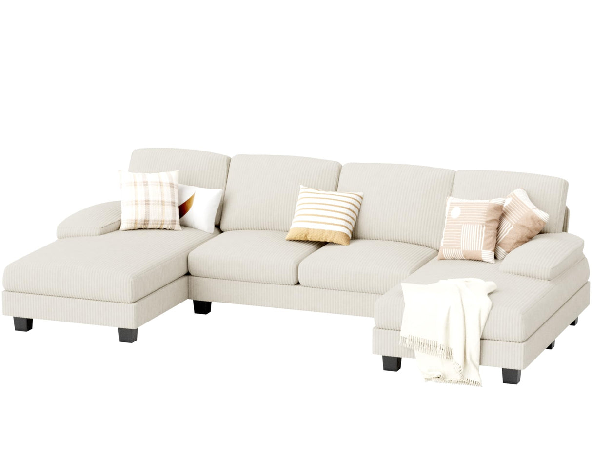 JUMMICO Sectional Couches for Living Room, U Shaped Couch with Chenille Fabric, 4 Seat Modern Sofa with Removable Pillows for Apartment and Small Space (Corduroy, Beige) JUMMICO
