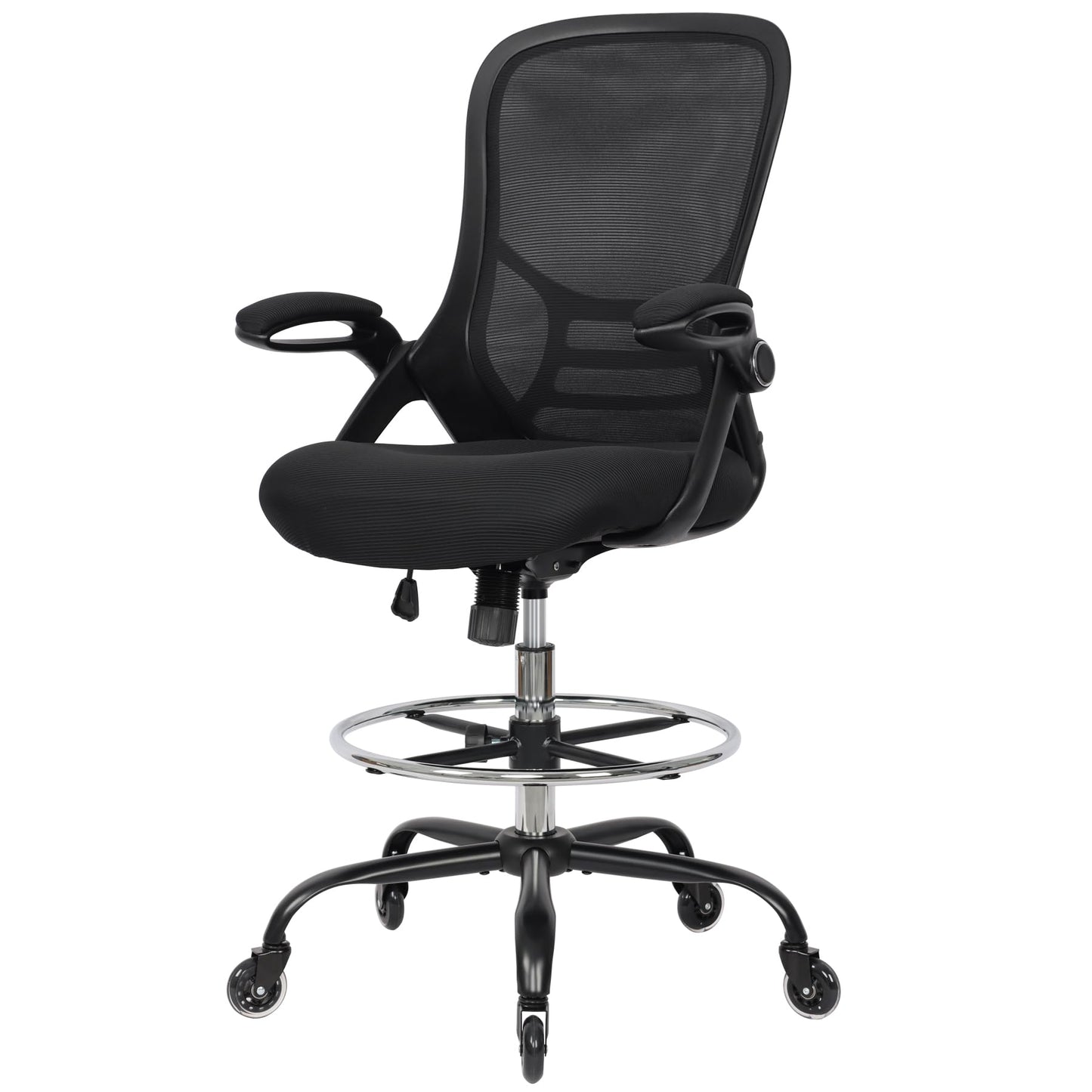 HYLONE Drafting Chair Tall Office Chair, High Ergonomic Standing Desk Computer Stools with Rubber Wheels, Flip-up Armrests, Adjustable Height and Foot-Ring, Comfortable Mesh Fabric, Black