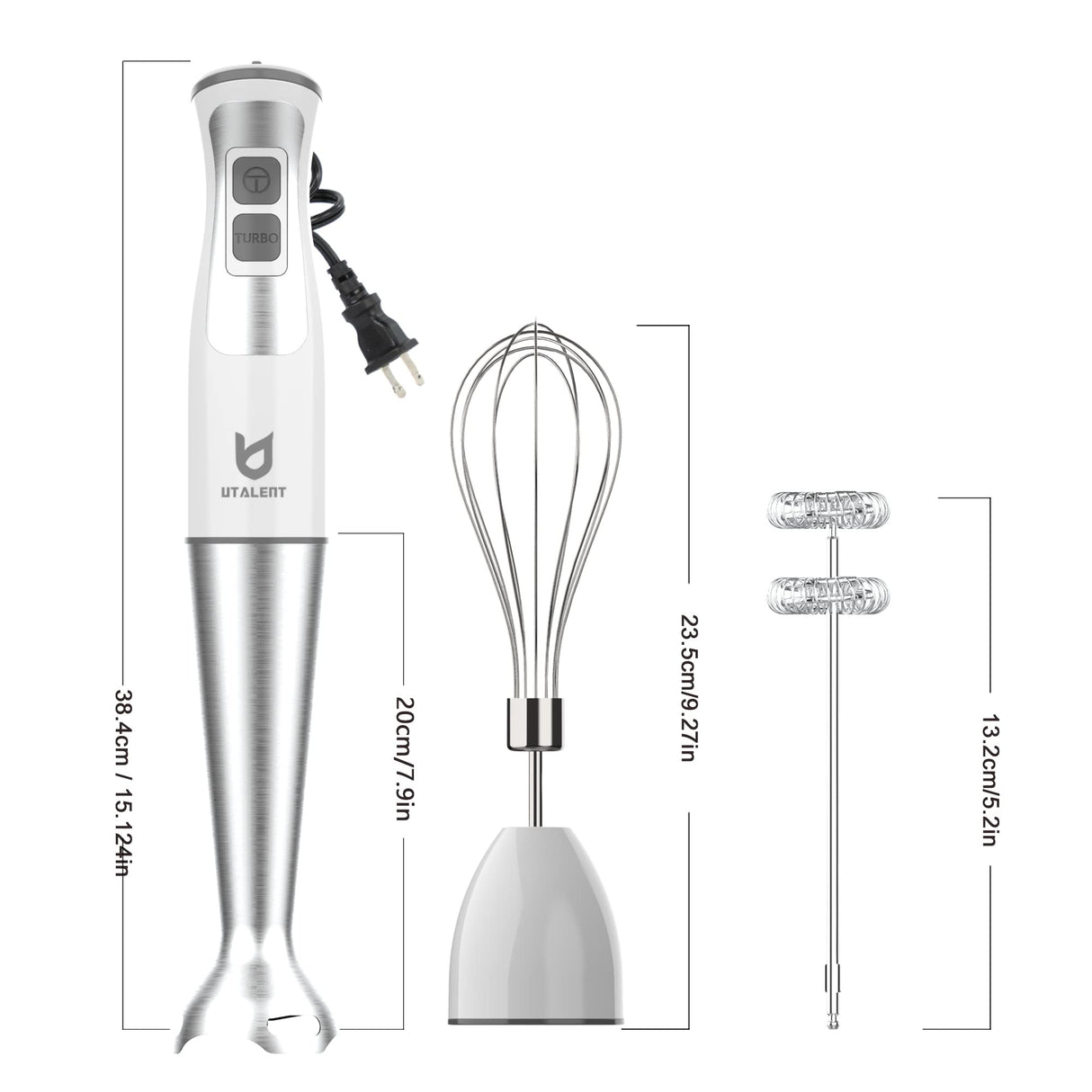 Immersion Hand Blender, UTALENT 3-in-1 8-Speed Stick Blender with Milk Frother, Egg Whisk for Smoothies, Coffee Milk Foam, Puree Baby Food, Sauces and Soups - White UTALENT