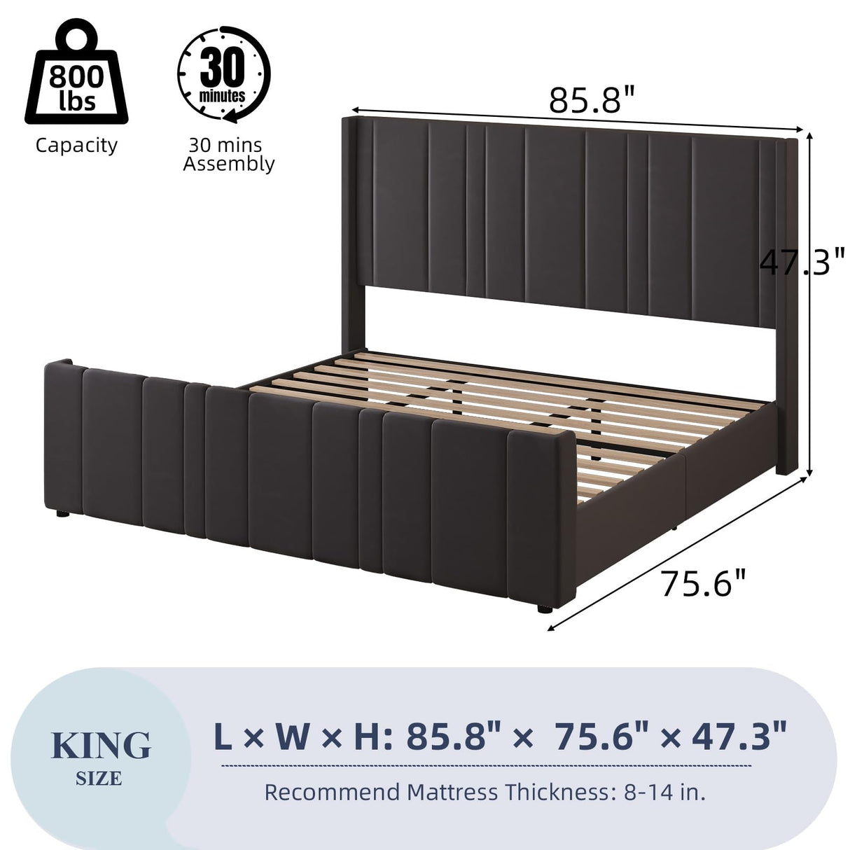 King Size Bed Frame and Headboard, Modern Velvet Upholstered Bed Frame with Vertical Channel Tufted Headboard & Footboard, Soft Bed Frame King, Noise Free, No Box Spring Needed, Easy Assembly, Grey HOMBCK