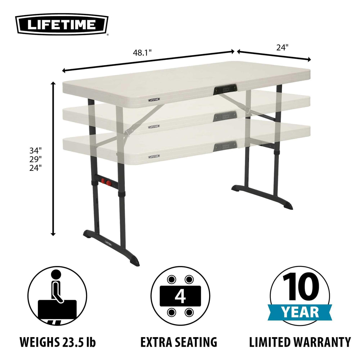 LIFETIME 80387 4-Foot Commercial Adjustable Folding Table, Almond Lifetime