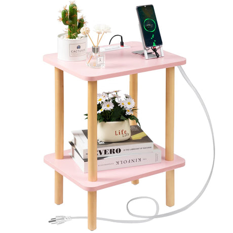 FORAOFUR Side Table with Charging Station, Small Side Table with 2 USB Ports and Outlets, Small End Tables for Small Spaces in Living Room, Bedroom & Nursery, 2 Tier Small Nightstand FORAOFUR