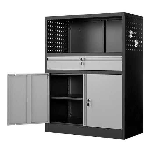 Anxxsu Metal Storage Cabinet with 1 Drawer, 41.2" Steel Lockable Storage Cabinet with Side Pegboard, Locking Cabinet Metal Cabinet for Home Office, Garage, School (Black Grey) - WoodArtSupply