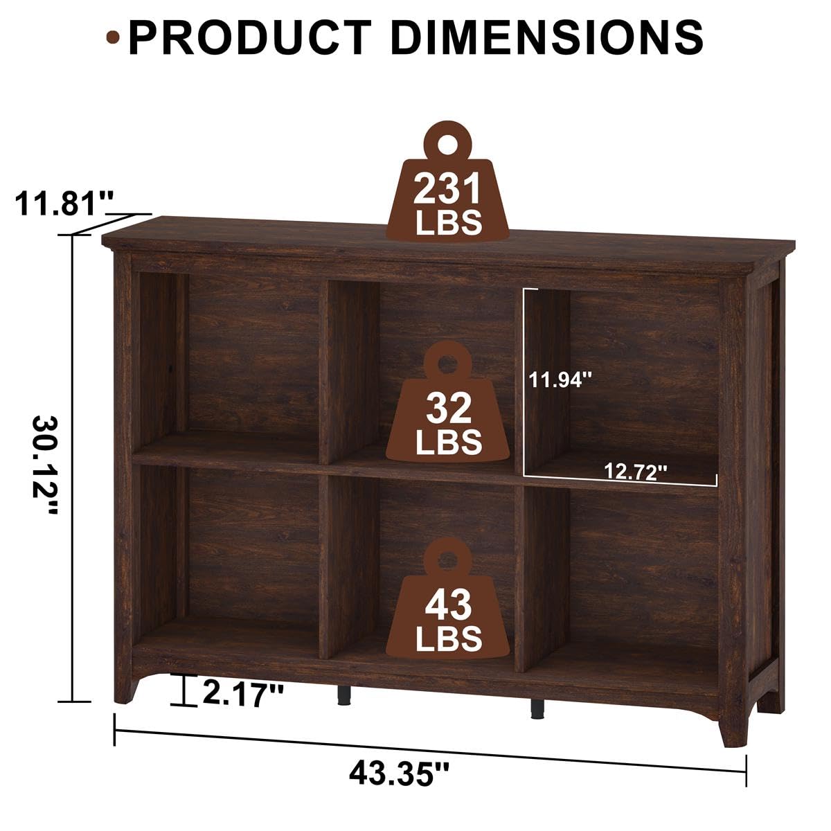 BON AUGURE 6 Cube Storage Bookcase, 43" Wide Horizontal Wooden Bookshelf, Floor Standing Low Book Shelf with Curved Edge for Living Room, Office - Brown Cherry BON AUGURE