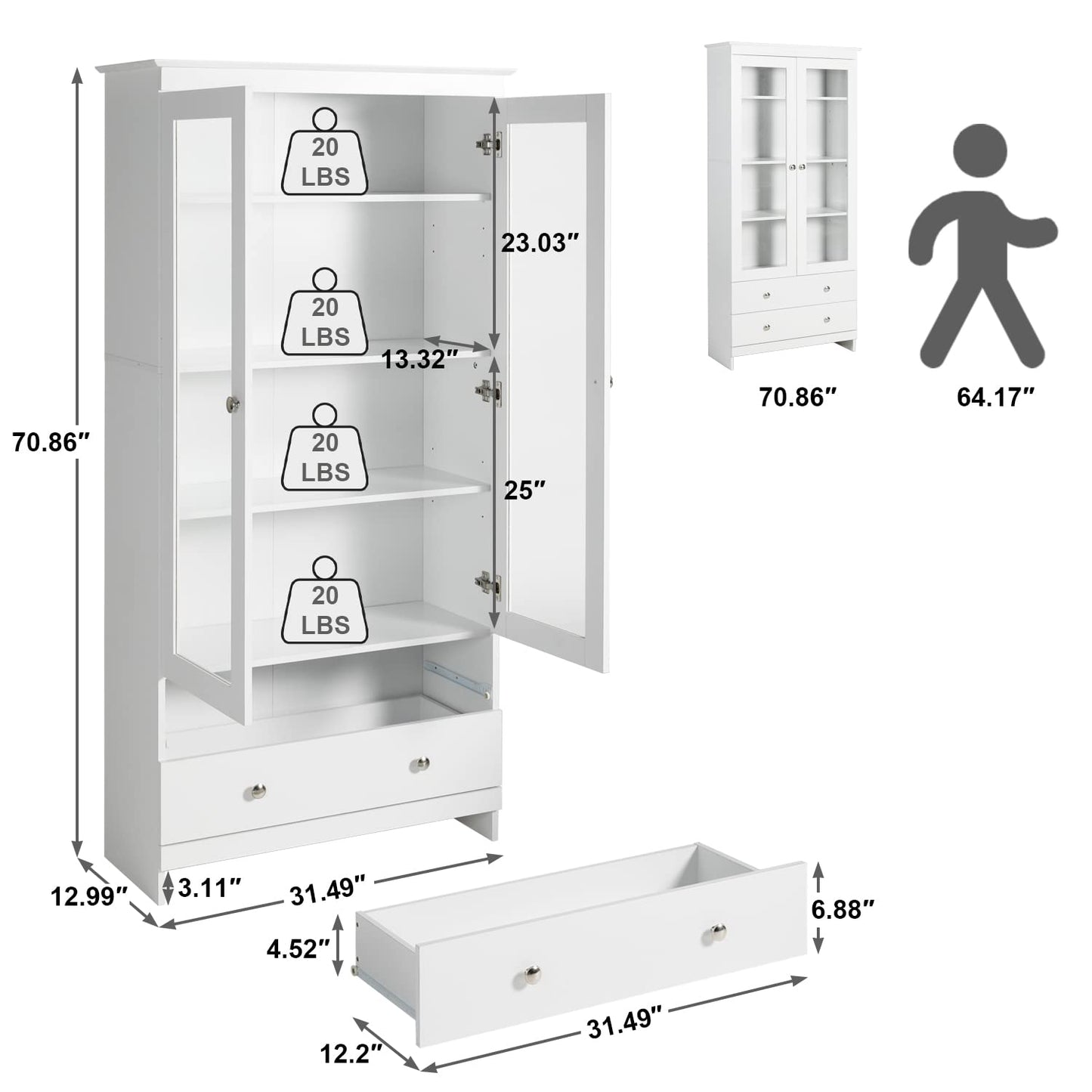 YIGOBUY White Bookcase with Glass Doors Tall Display Cabinet Wooden Bookshelf Organizer for Home Bedroom, Living Room, Office, Curio Cabinet Freestanding Kitchen Pantry