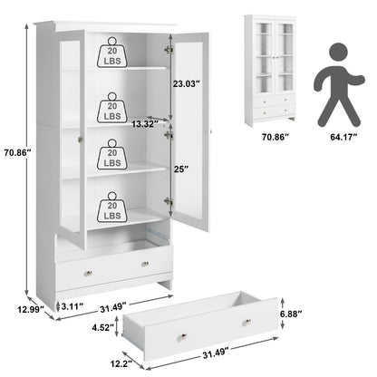 YIGOBUY White Bookcase with Glass Doors Tall Display Cabinet Wooden Bookshelf Organizer for Home Bedroom, Living Room, Office, Curio Cabinet Freestanding Kitchen Pantry