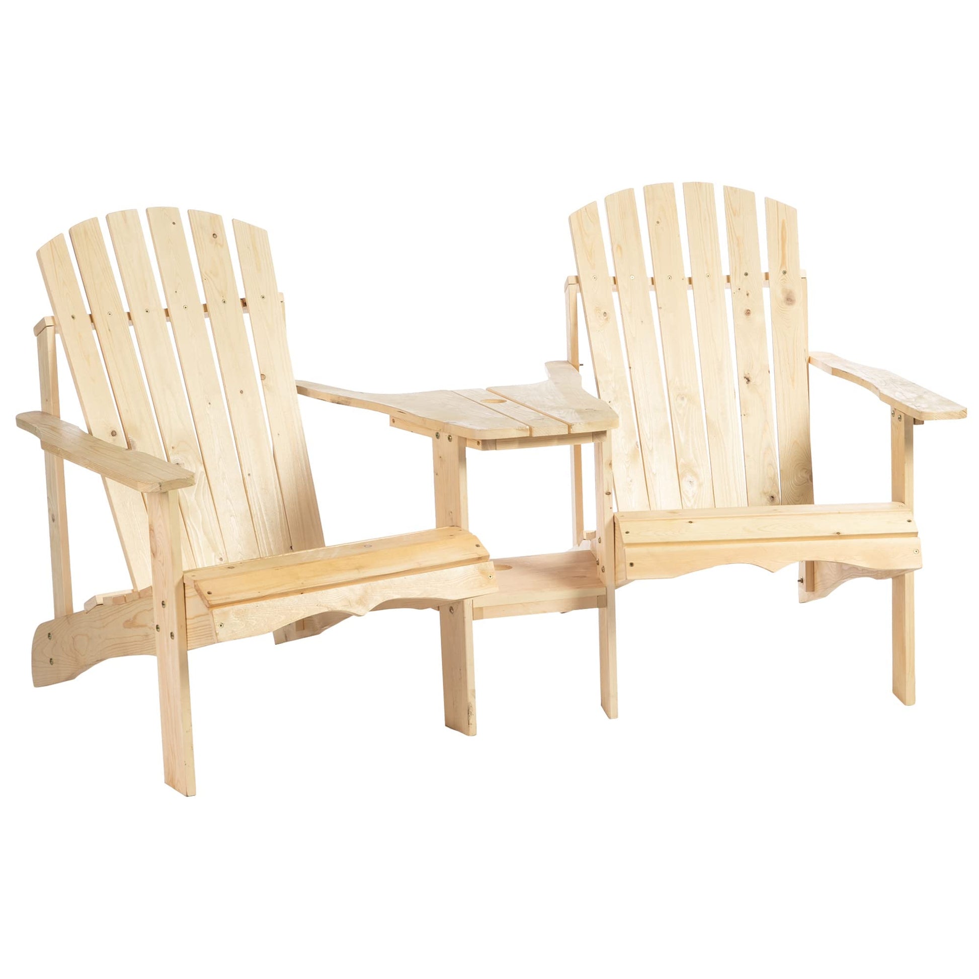 Outsunny Wooden Adirondack Chairs for Two People, Outdoor Fire Pit Chair with Table & Umbrella Hole, Patio Chair for Deck Lawn Pool Backyard, Natural - WoodArtSupply