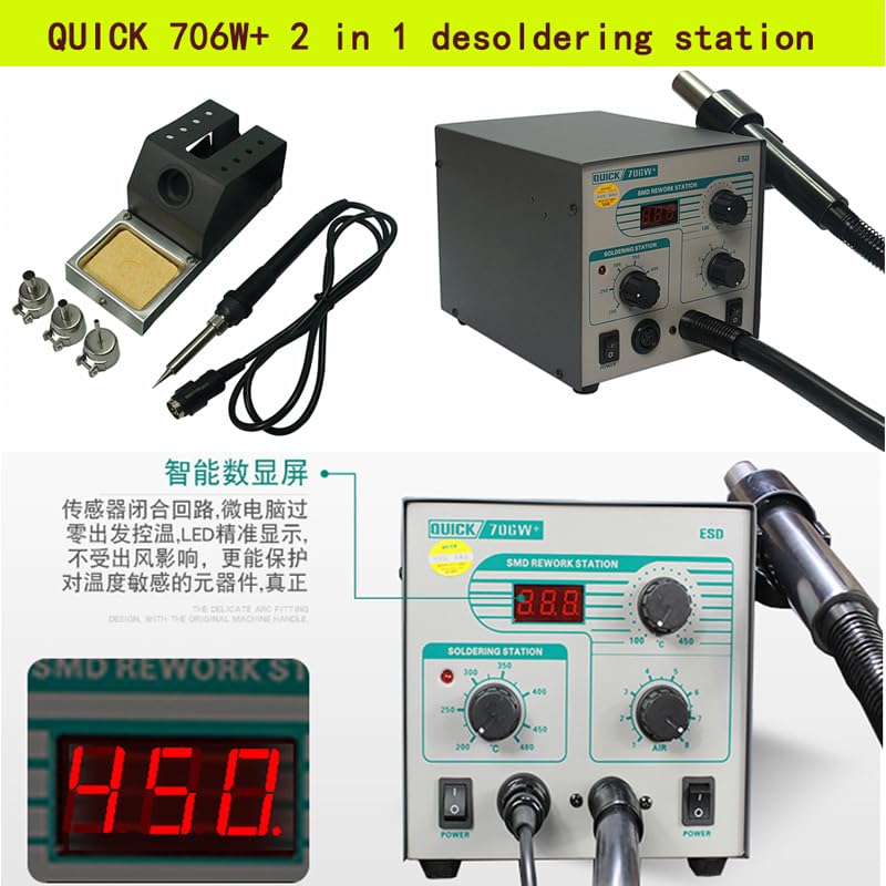 QUICK 706W + Heat Gun Soldering Iron Professional Soldering Kit with Adjustable Airflow Precision Temperature Control and Automatic Cool Air Function soldering station for rework desoldering Tasks SANQIANLI