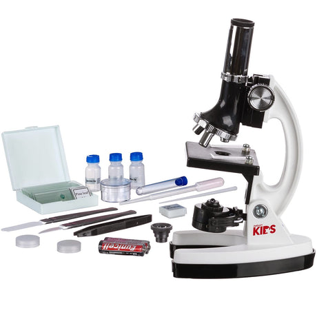 AmScope 120X-1200X 52-pcs Beginner Microscope STEM Kit with Metal Body Microscope, Plastic Slides, LED Light and Carrying Box (M30-ABS-KT2-W),White AmScope