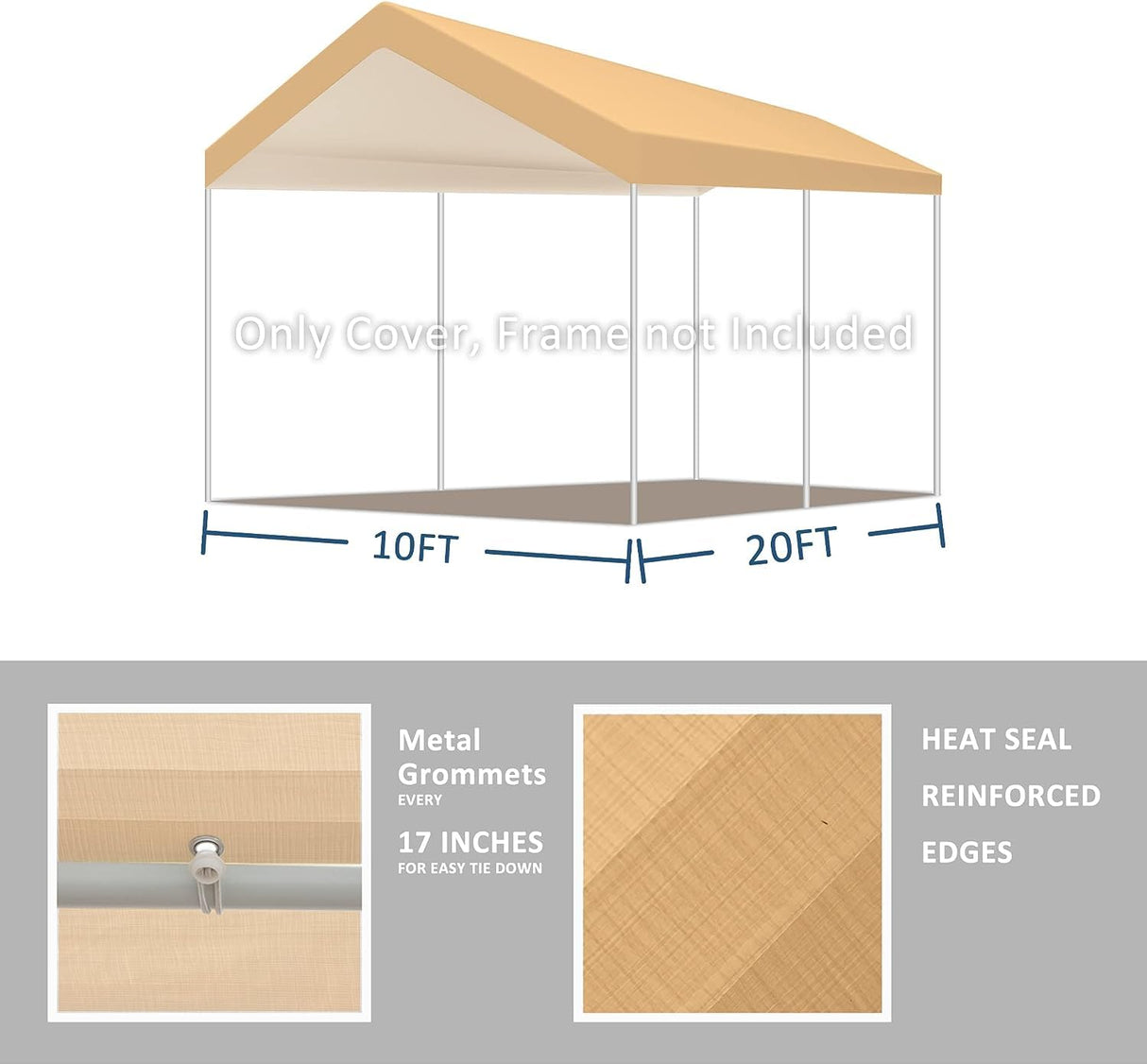 TGEHAP 10' x 20' Upgraded Carport Replacement Top Canopy Cover for Car Garage Top Tarp Shelter, Waterproof Car Cover Tent for Party Garden Boat with Ball Bungees (Frame is not Included) TGEHAP