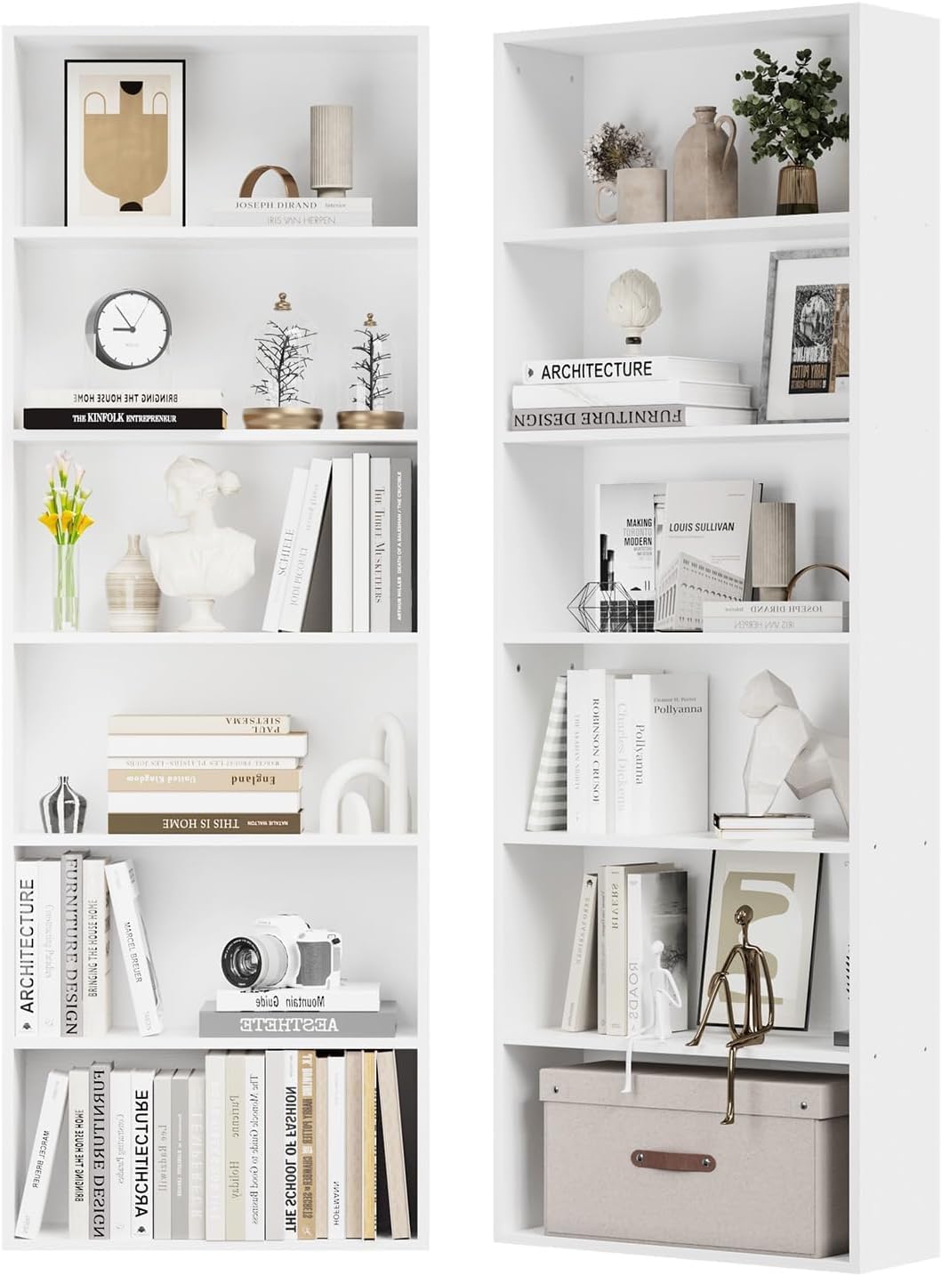 MXV Bookshelf Set of 2, 6 Tier Bookcase, Book Shelf Open Storage Organization, Floor Standing Display Bookshelves and Office Storage Stand for Living Room, Home Office, Dinning Room, White MXV