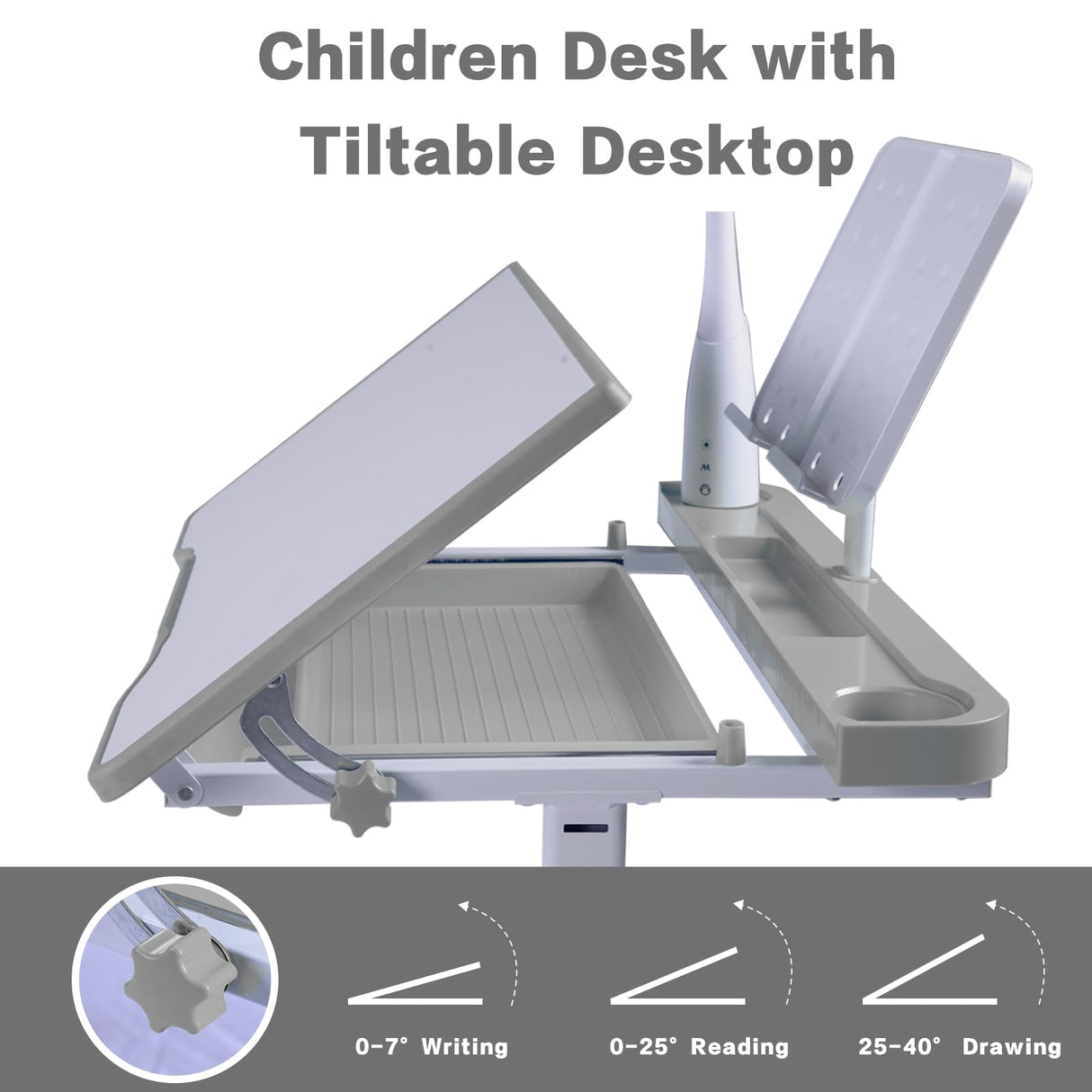 Napfox Desk for Kids Desk and Chair Set Kids Art Desk Drafting Table Desk Set with Adjustable Height, 40-Degree Tiltable Children Desktop, LED Light,Bookstand,Grey Napfox