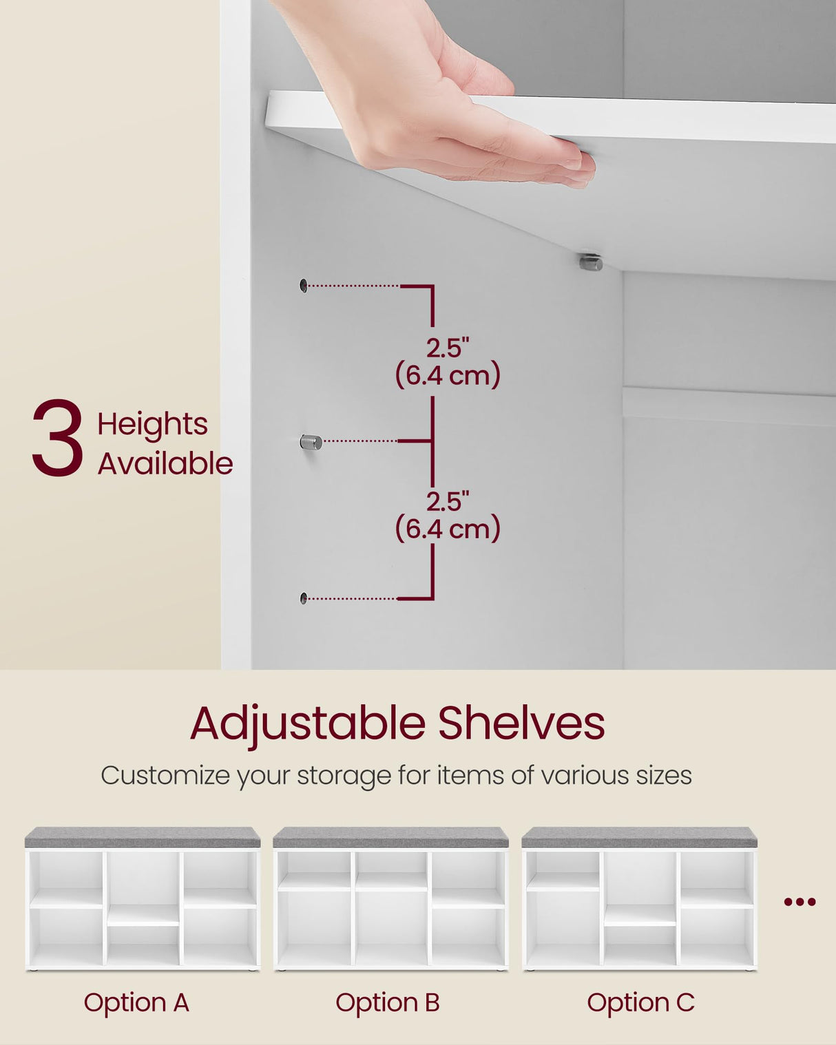 VASAGLE Shoe Bench with Cushion, Shoe Storage Bench with 6 Compartments and 3 Adjustable Shelves, Entryway Bench with 3 Storage Boxes, for Bedroom, Closet, Living Room, Cloud White ULSB101W14 VASAGLE