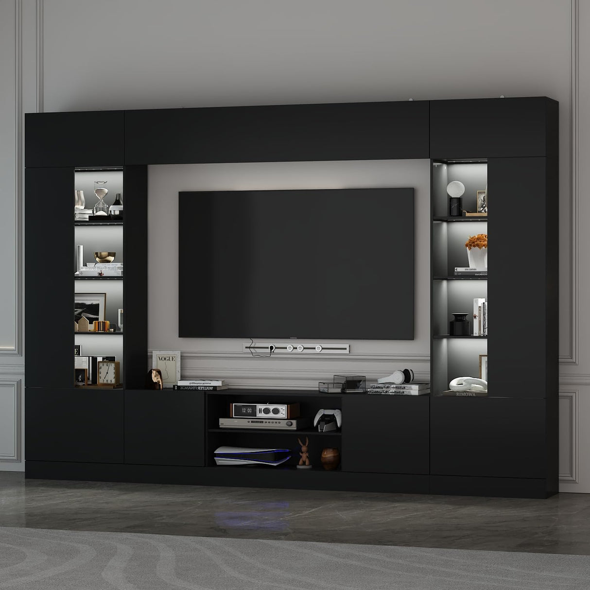 ROMSHINE Large Entertainment Center with Storage, 114" W Wall Unit TV Stand with Bookshelves & Light in White Color, Modern Media Center Cabinet with Bridge, for Living Room Bedroom, Black ROMSHINE