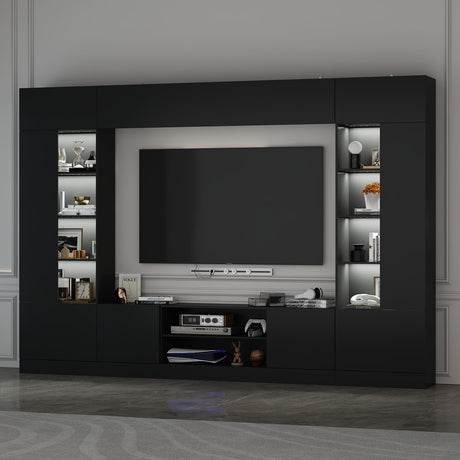 ROMSHINE Large Entertainment Center with Storage, 114" W Wall Unit TV Stand with Bookshelves & Light in White Color, Modern Media Center Cabinet with Bridge, for Living Room Bedroom, Black ROMSHINE