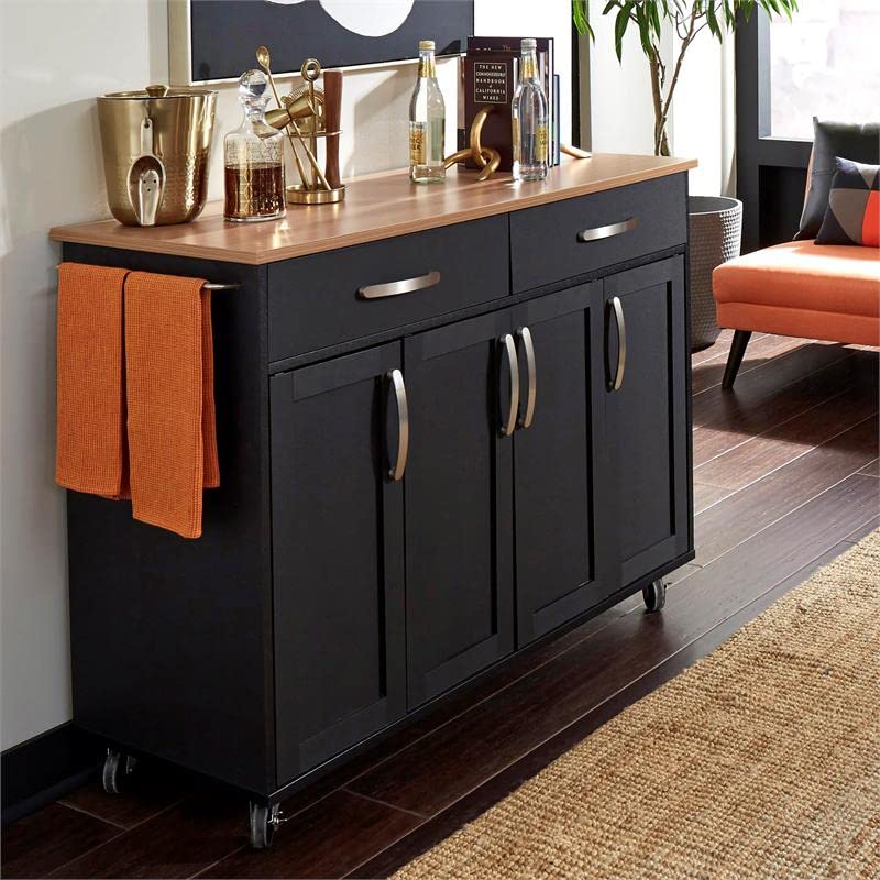 Pemberly Row Contemporary Storage Plus Wood Kitchen Cart in Black Pemberly Row