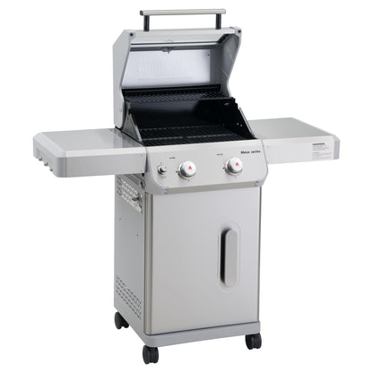 Monument Grills 2-Burner Stainless Steel Liquid Propane Gas Patio Garden Barbecue Grill with Clearview® Lid, Knob Control, and Two Foldable Shelves Mesa200S with BBQ Cover