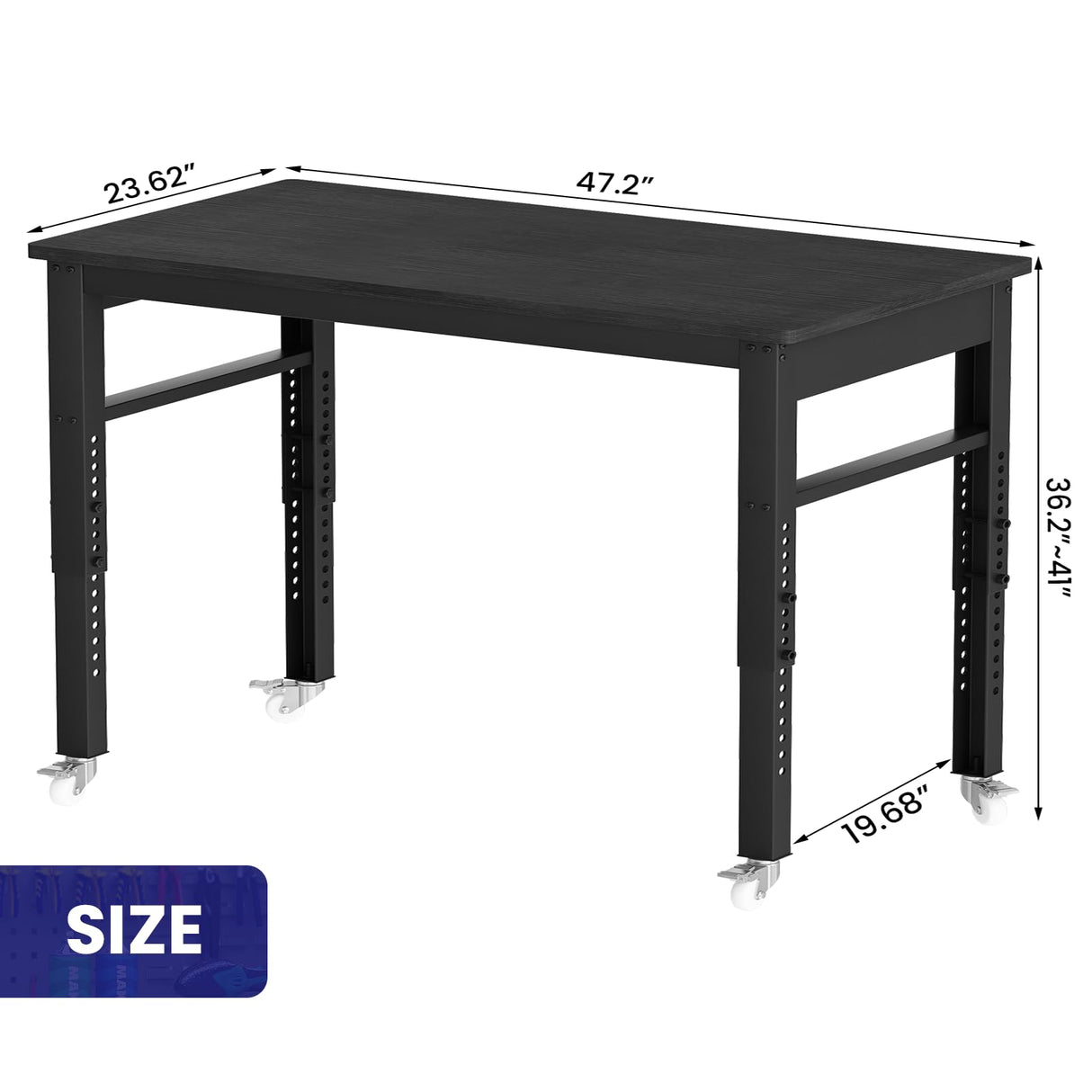 DKLGG 2000Lbs Workbench Adjustable Height, 47.2" Heavy-Duty Work Bench Table Mobile Workbench with Lockable Casters, Multifunction Work Station for Garage, Workshop, Home, Office, Easy Assembly DKLGG