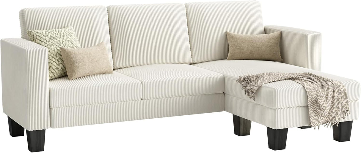 YESHOMY L-Shaped Convertible Sectional Sofa 3 Seater with Corduroy Fabric, Complete with Mobile Footrest, for Living Room, Apartment and Office, 70", Cream YESHOMY