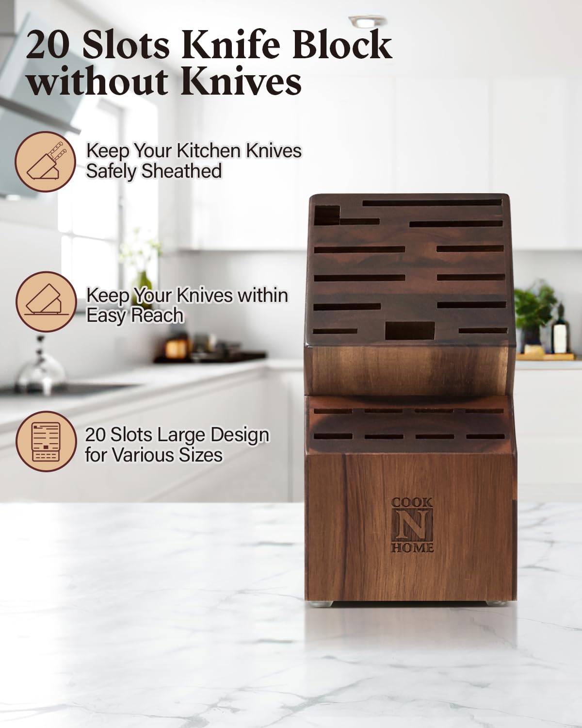 Cook N Home Acacia Wood Knife Storage Block without Knives, 20 Slot Universal Knife Holder Countertop Butcher Block Knife Stand for Easy Kitchen Storage Cook N Home