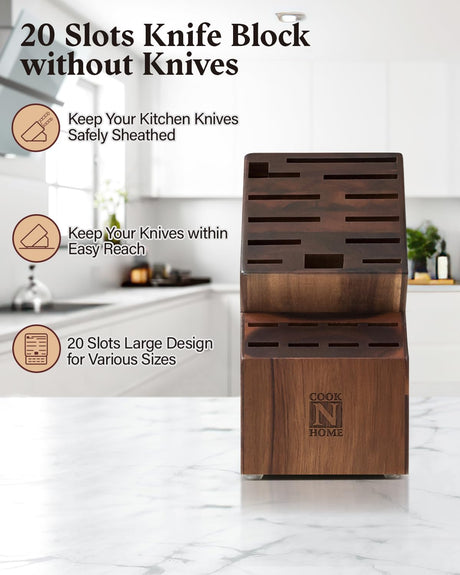 Cook N Home Acacia Wood Knife Storage Block without Knives, 20 Slot Universal Knife Holder Countertop Butcher Block Knife Stand for Easy Kitchen Storage Cook N Home