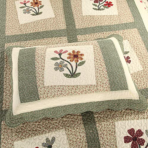 vctops Farmhouse Green 2 Piece Embroidered Floral Quilted Bedspread Quilt Set 100% Cotton Reversible Patchwork Coverlet Set 1 Quilt and 1 Pillow Sham (Green,Twin) vctops
