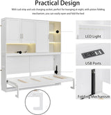 Twin Horizontal Murphy Bed with Storage Cabinet, LED Light and Charging Station,Wood Folding Murphy Wall Bed Cabinet with Bookcase and Shelves for Adult (White) MERITLINE