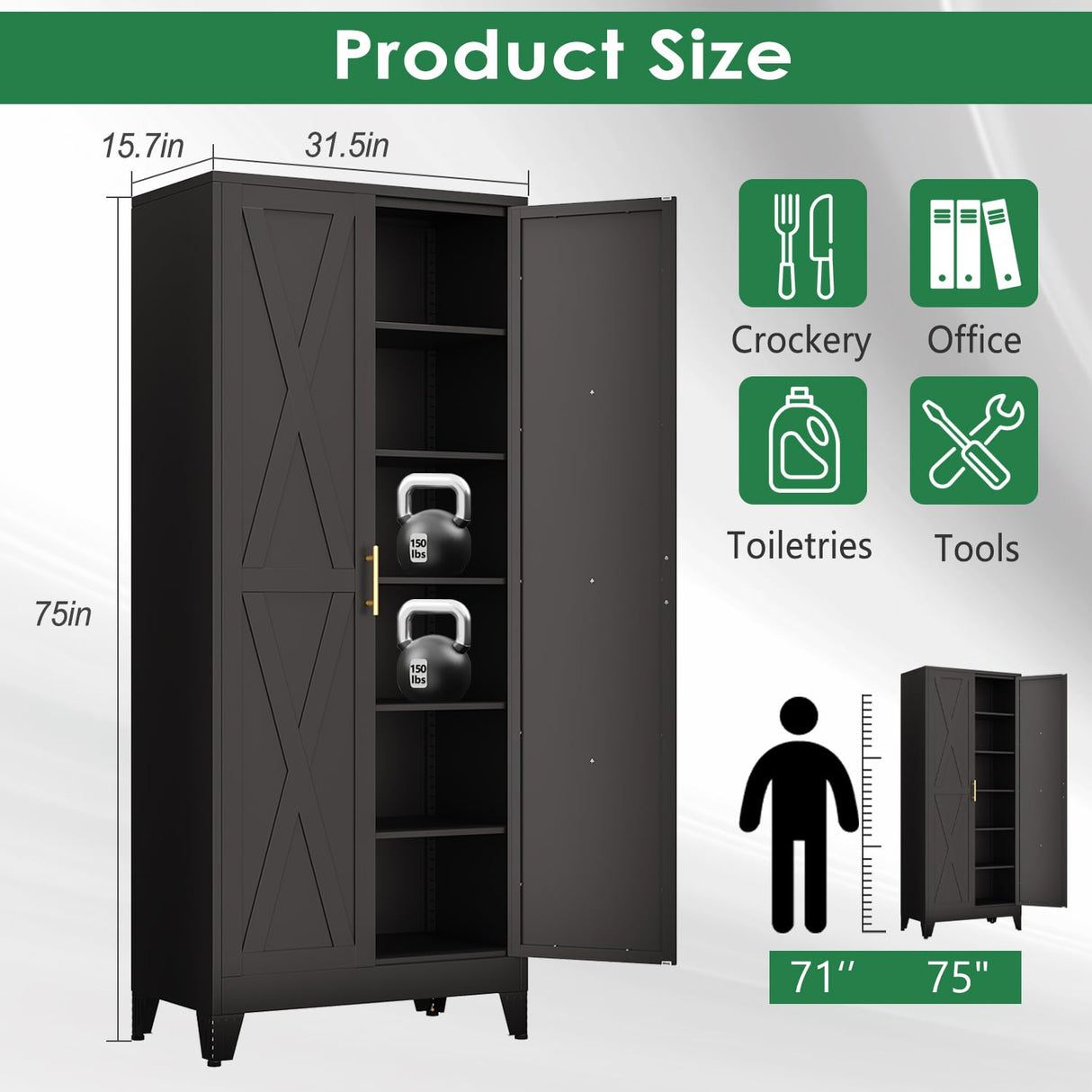 75" Tall Metal Kitchen Pantry Storage Cabinet with 2 Doors and 5 Adjustable Shelves, White Food Freestanding Cupboard for Kitchen, Dining Room, Bathroom and Garage (Black) pozdeg