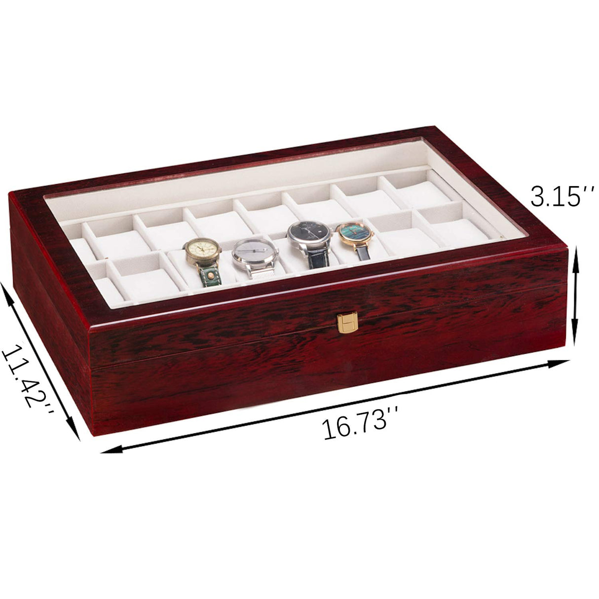 Fosinz 24 Slots Wooden Case Watch Display Box for Men Women Glass Top Collection Box Jewelry Storage Organizer Holder Storage Gifts (16.7" x 11.42" x 3.15", Bright Mahogany Red) Fosinz