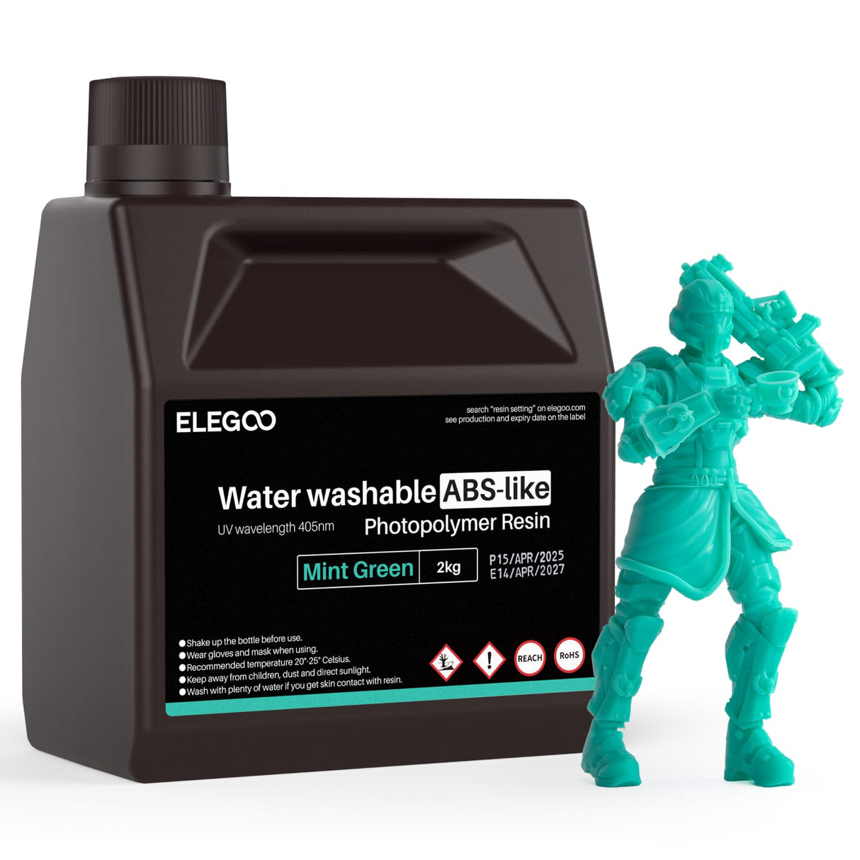 ELEGOO Water Washable ABS-Like 3D Printer Resin, High Durability and Toughness, Low Odor, Wide Compatibility for Mars Saturn Jupiter MSLA DLP LCD 3D Printing, Mint Green 2000g ELEGOO