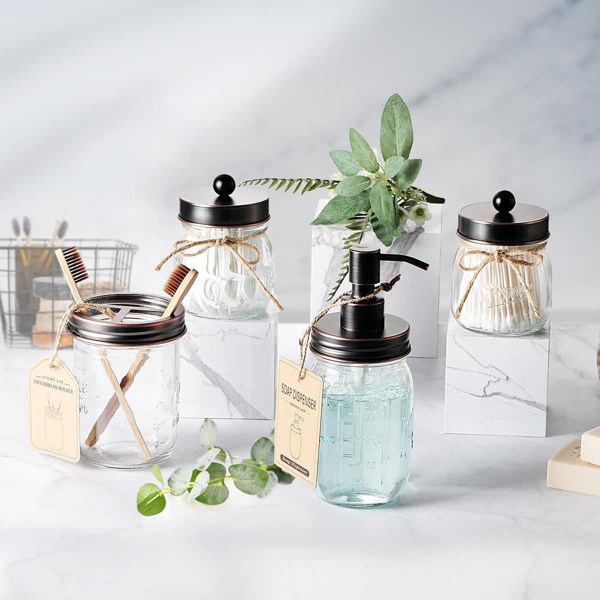 Amolliar Mason Jar Bathroom Accessories Set 4 Pcs -Lotion Soap Dispenser & 2 Qtip Holders & Toothbrush Holder - Rustic Farmhouse Decor, Bathroom Home Decor, Perfect Decorating Idea (Oil Rubbed Bronze) Amolliar
