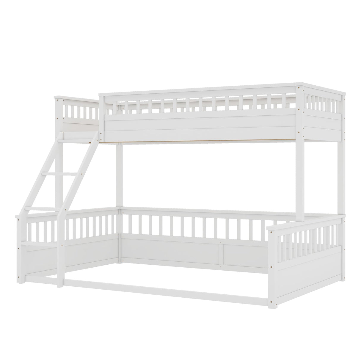 KEIKI Twin XL Over Queen Floor Bunk Bed, White Wooden Bunk Bed Frame with Ladder & Guardrail, Convertible to 2 Separated Kids Beds for Teens Bedroom, Easy Assembly, White KEIKI