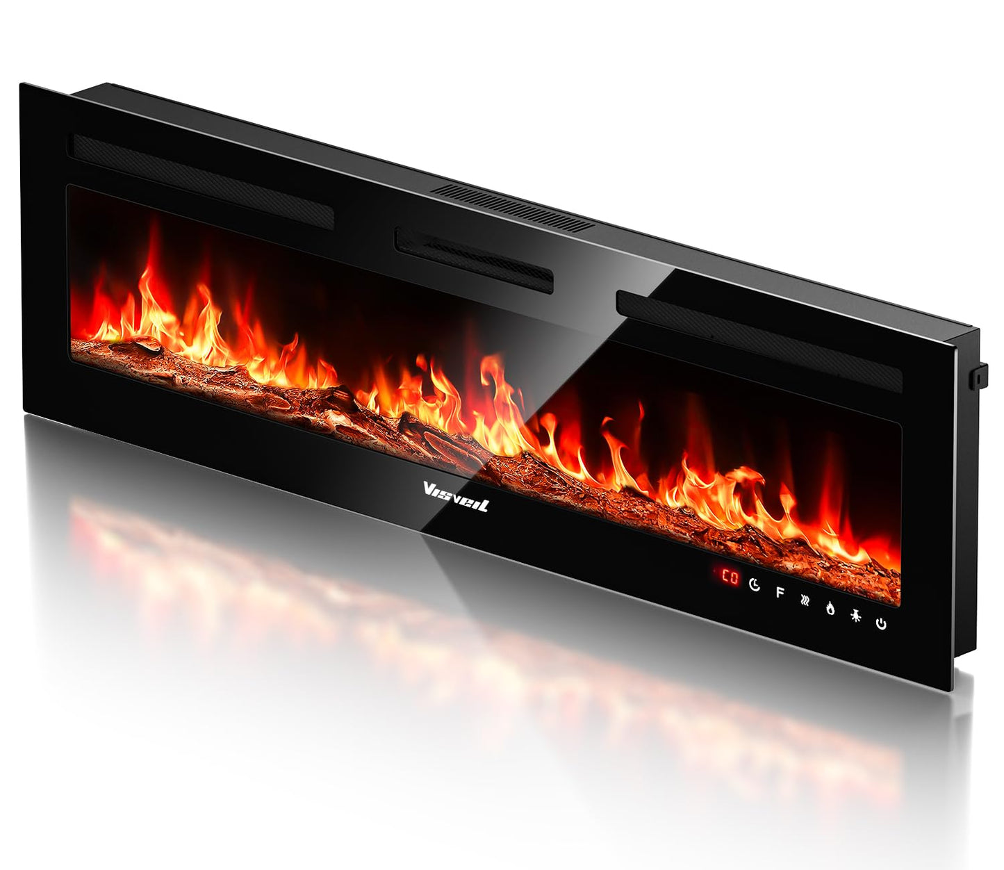 VISVEIL Electric Fireplace 60Inch,Realistic Flame Electric Fireplace Heater,Log Set/Crystal Flames 750-1500W with Timer Inserts/Wall Mounted/TV Stand Touch Screen & Remote for Living Room Easy Install