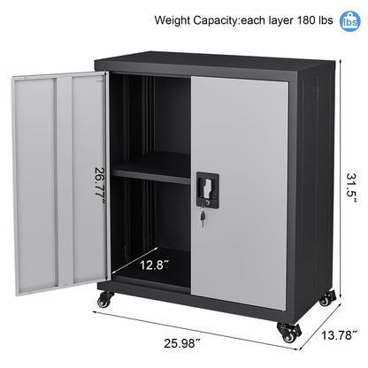 FATIGOS 31.5''H Metal Storage Cabinet with Wheels, Garage Storage Cabinet with Lock, Lockable Steel Rolling Tool Chest with Doors & Adjustable Shelves for Garage, Home, Office, Assembly Requi - WoodArtSupply