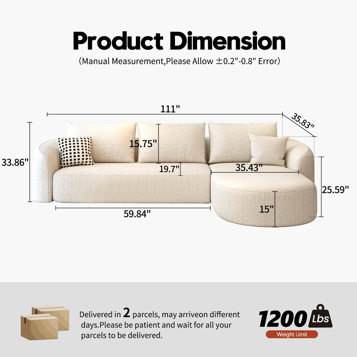 Settab 111" Modular Sectional Couches Luxury Modern Curved Back Sofa,Minimalist Comfy L-Shape Boneless Cloud Couch for Living Room Apartment,(Right Facing Chaise,White) Settab