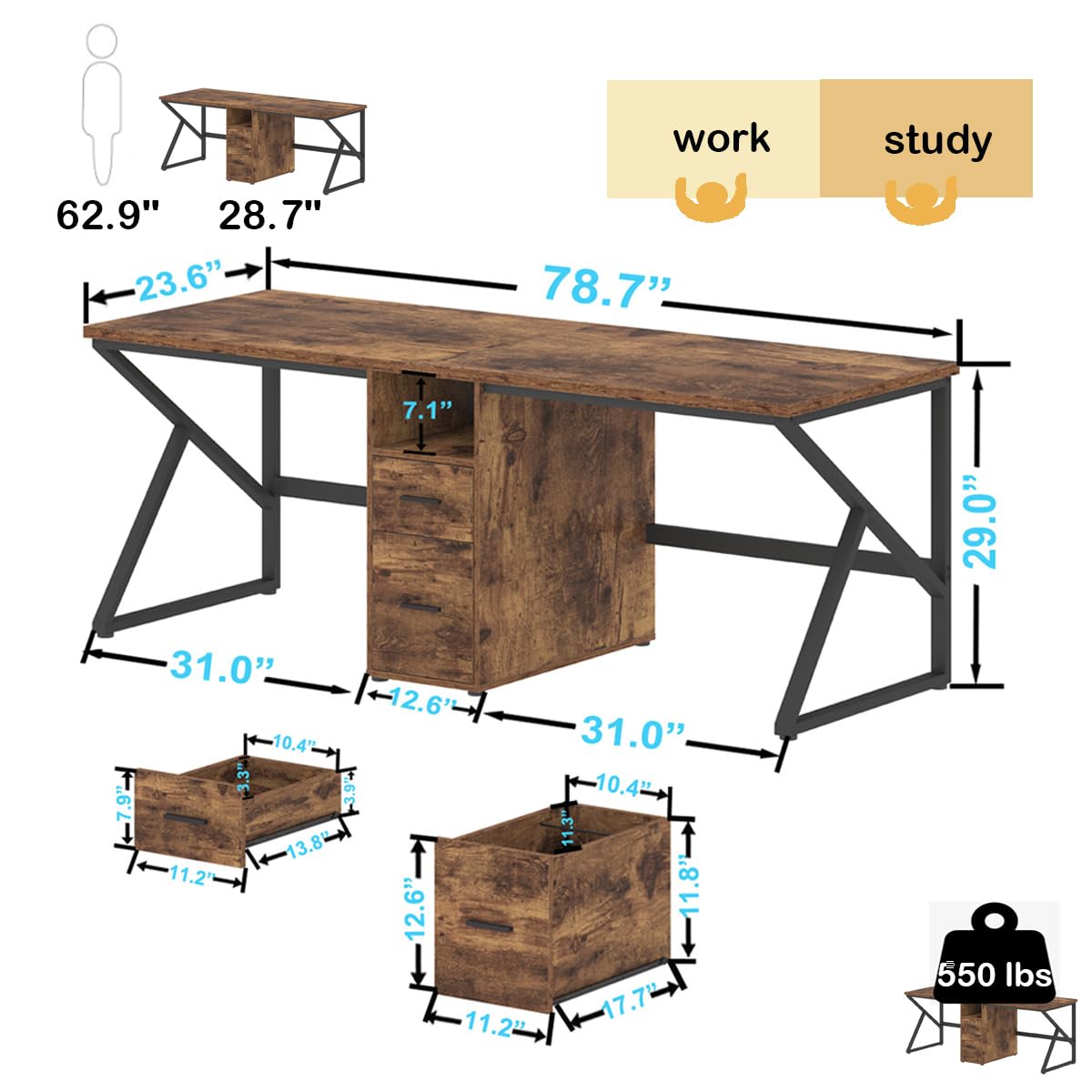 IBF 79" Two Person Office Desk,Large Double Long Pc Desk with File Drawer, 2 Person Computer Desk with Storage Cabinet Shelf, Industrial Wood Modern Work Dual Computer Table for Home, Rustic Brown IBF
