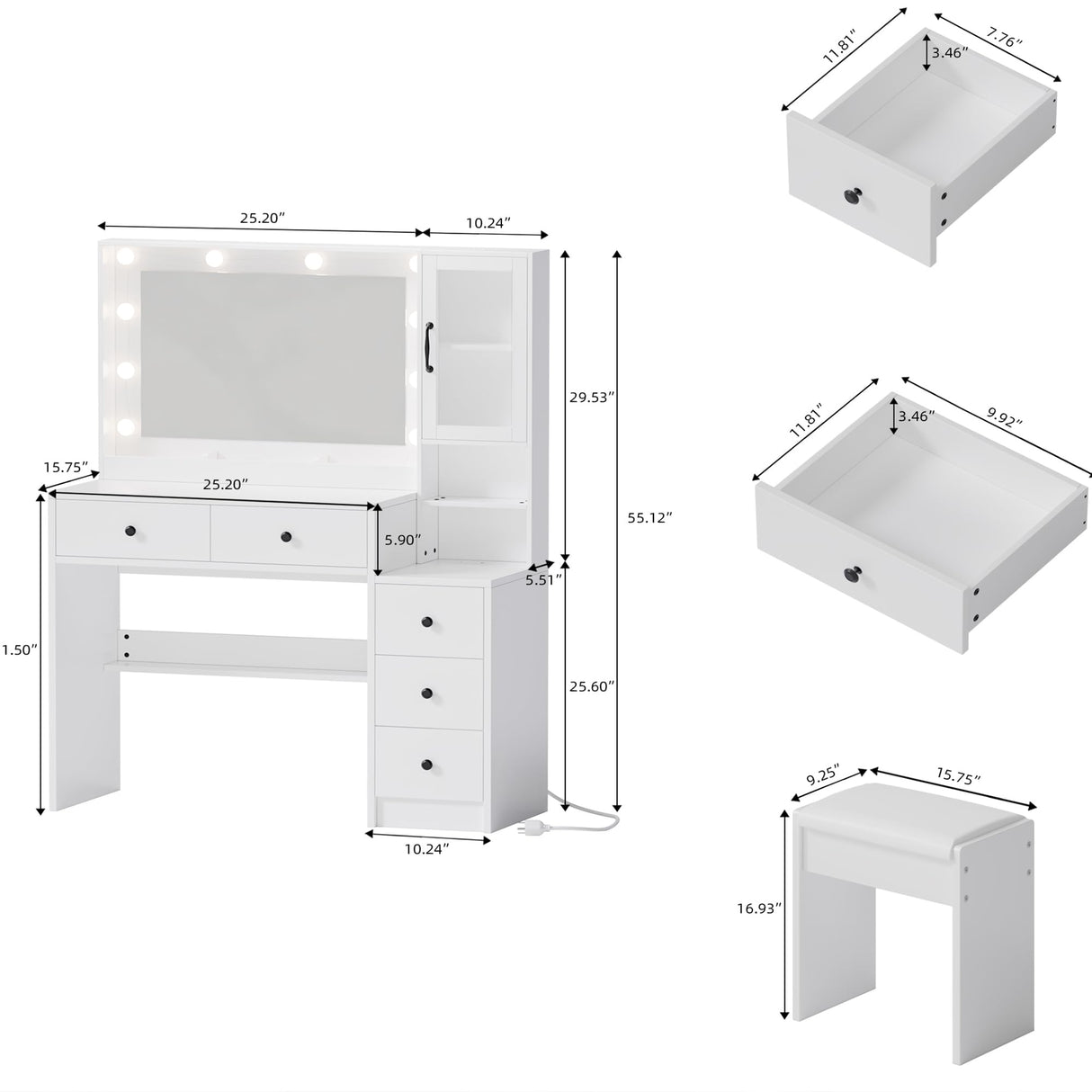 UGTOO White Vanity Table with Drawer Dresser, Farmhouse Vanity Makeup Desk with Charging Station, Vanity Desk with Lights Mirror & Drawers for Makeup, Vanity Desk with Storage Shelf & 5 Drawers UGTOO