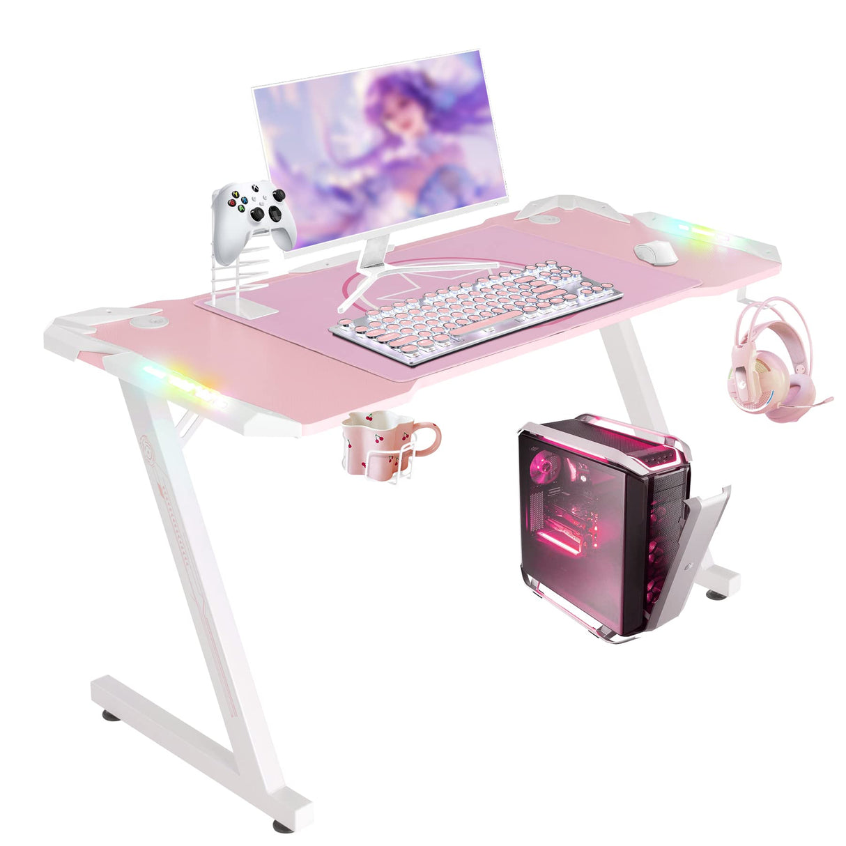 YOUTHUP Pink Gaming Desk with LED Lights, 55" Z Shaped RGB Gaming Computer Table, Ergonomic PC Workstation with Remote Control, Cup Holder, Handle Rack, Headphone Hook, Mouse Pad for Home Office Use YOUTHUP